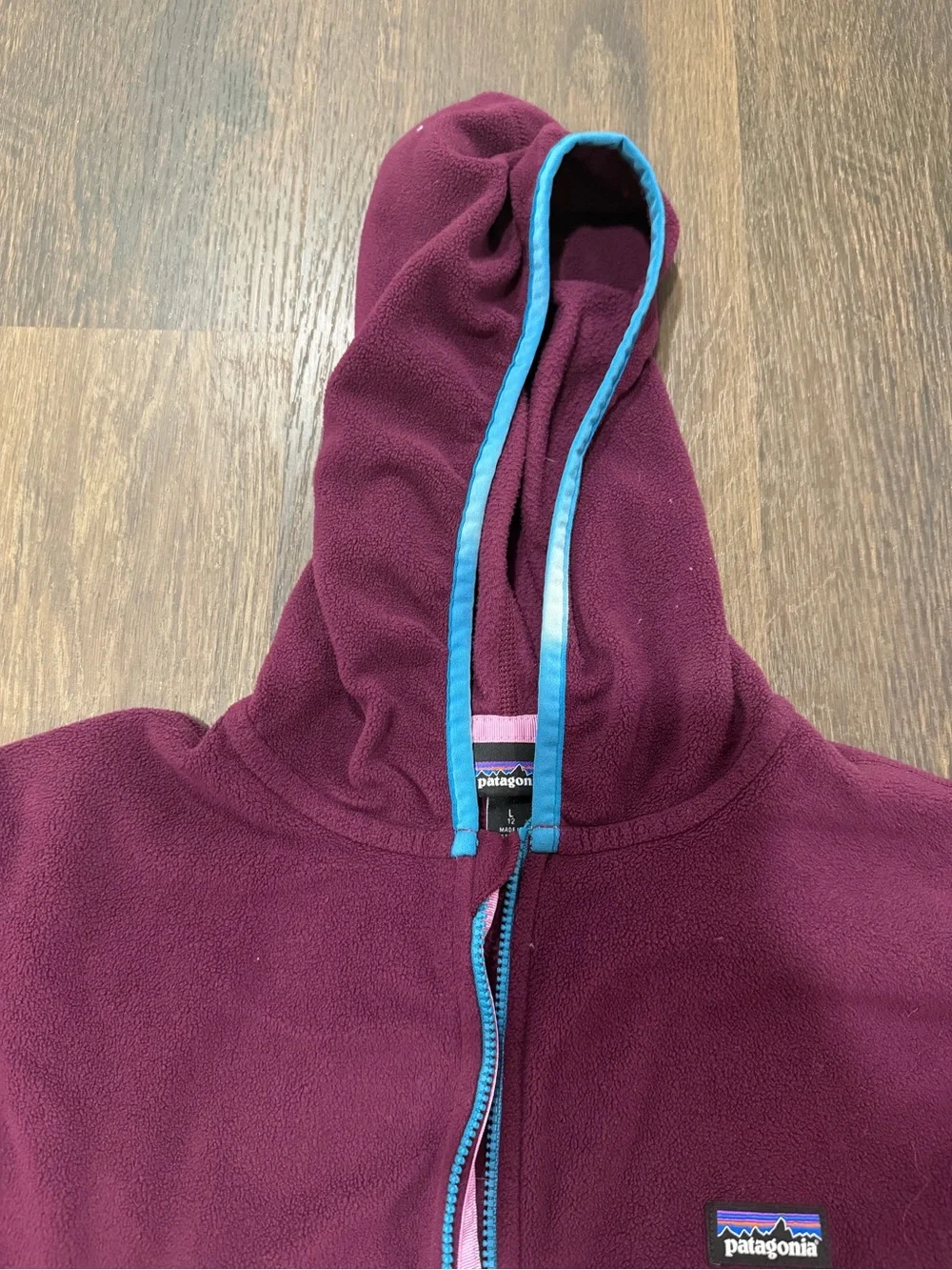 Patagonia Kids Hooded Fleece Jacket - Pink & Maroon with Blue Trim